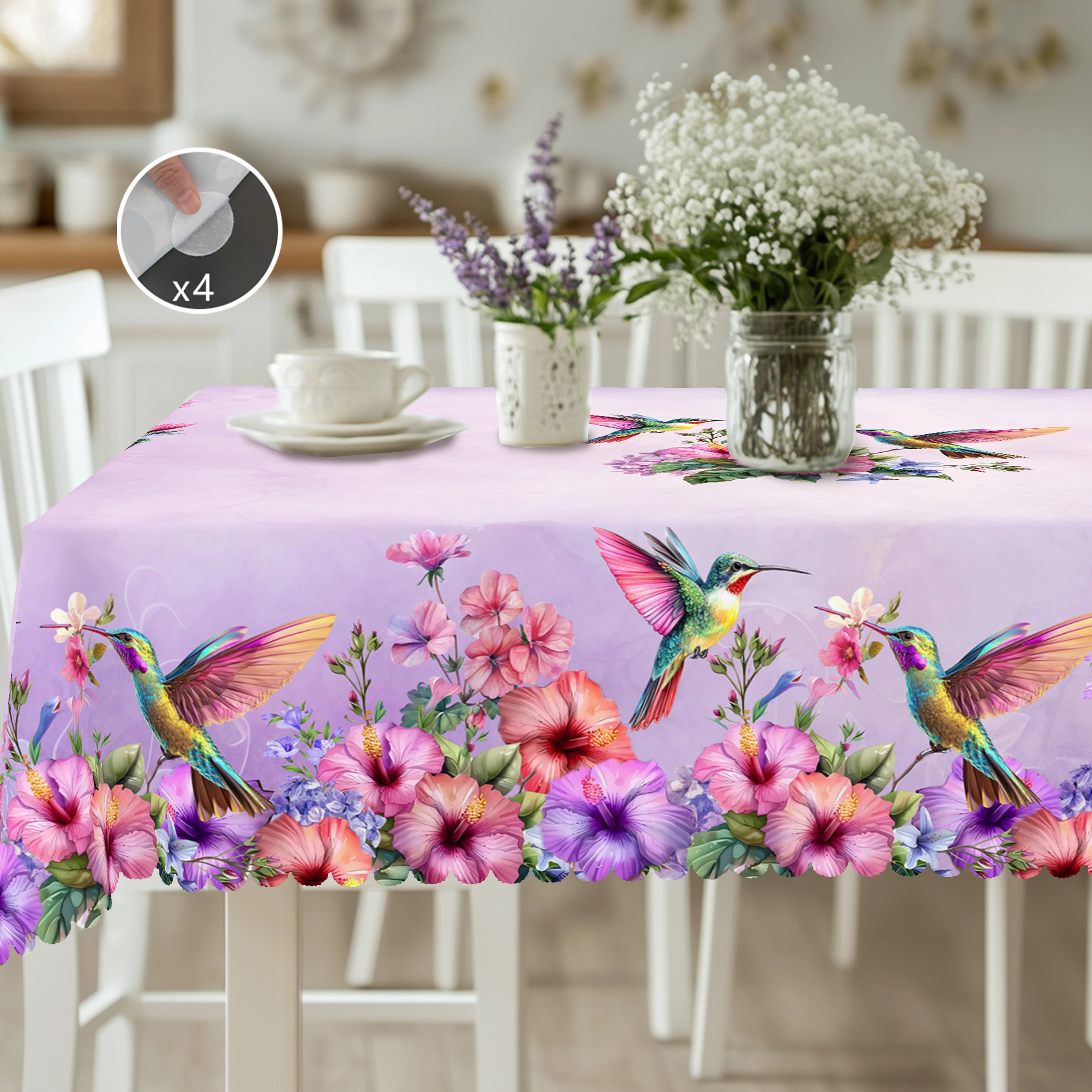 1 Piece of Hummingbird Flower Print Round Tablecloth, 5 Sizes Available, Square Tablecloth with Violet Tone Flower Print Design, Edge Embossing Process, Daily Garden Tablecloth Decoration, Tablecloth for Daily Home Kitchen, T
