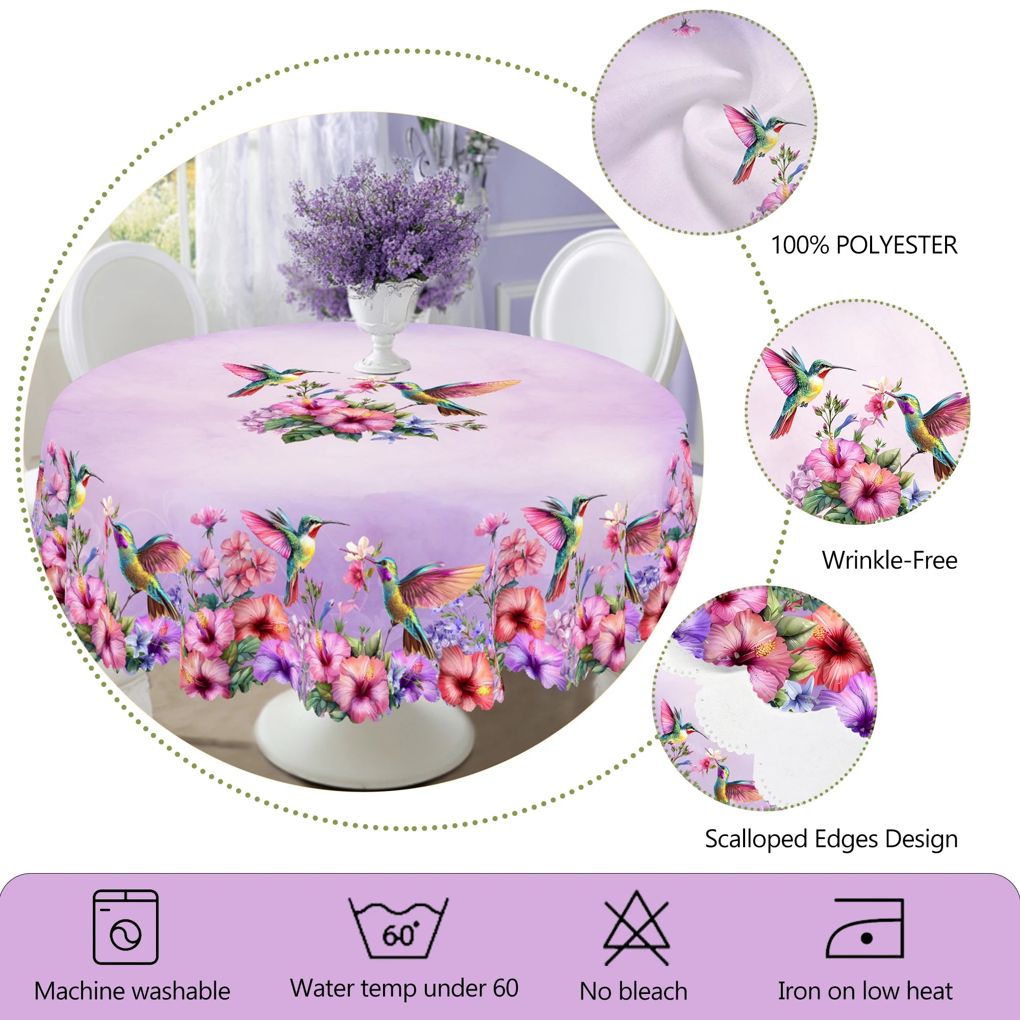 1 Piece of Hummingbird Flower Print Round Tablecloth, 5 Sizes Available, Square Tablecloth with Violet Tone Flower Print Design, Edge Embossing Process, Daily Garden Tablecloth Decoration, Tablecloth for Daily Home Kitchen, T