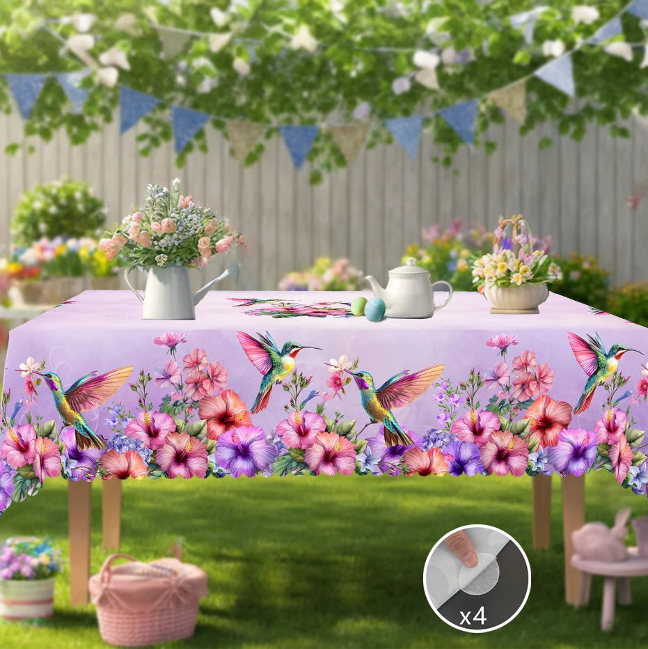 1 Piece of Hummingbird Flower Print Round Tablecloth, 5 Sizes Available, Square Tablecloth with Violet Tone Flower Print Design, Edge Embossing Process, Daily Garden Tablecloth Decoration, Tablecloth for Daily Home Kitchen, T