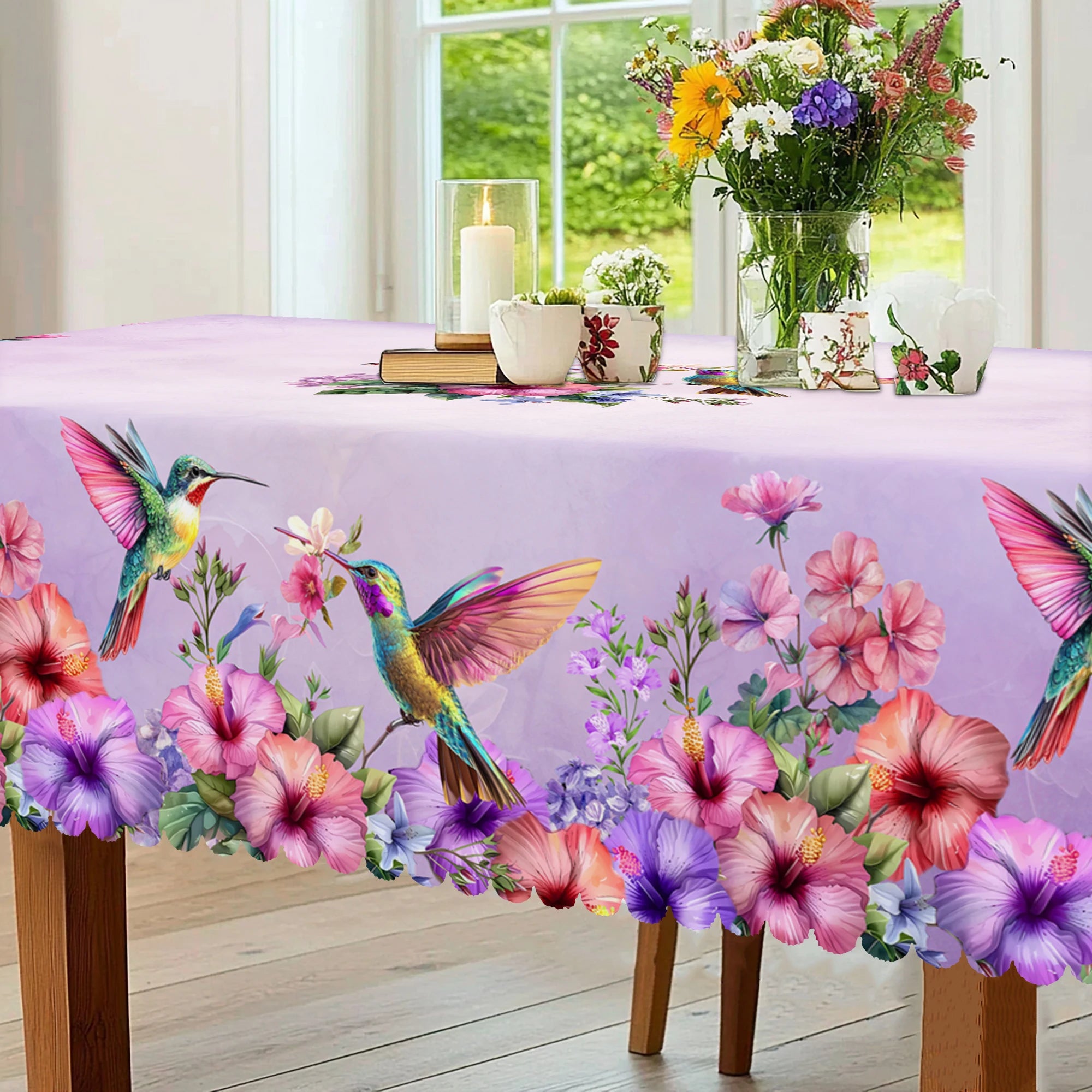 1 Piece of Hummingbird Flower Print Round Tablecloth, 5 Sizes Available, Square Tablecloth with Violet Tone Flower Print Design, Edge Embossing Process, Daily Garden Tablecloth Decoration, Tablecloth for Daily Home Kitchen, T