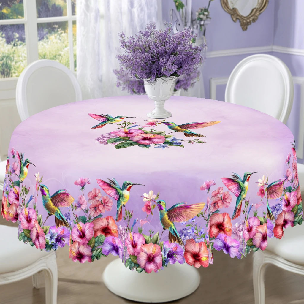 1 Piece of Hummingbird Flower Print Round Tablecloth, 5 Sizes Available, Square Tablecloth with Violet Tone Flower Print Design, Edge Embossing Process, Daily Garden Tablecloth Decoration, Tablecloth for Daily Home Kitchen, T